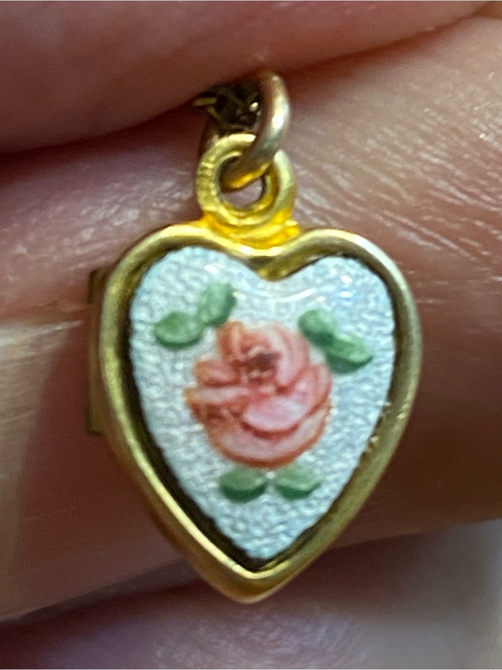 VTG Signed HFB 1/20 12K Gold Filled Guilloché Enamel Rose Heart Locket Necklace